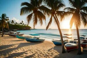 Barche siamo parcheggiata su il spiaggia a tramonto. ai-generato foto