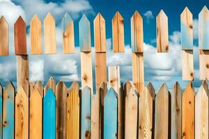 un' di legno recinto con blu cielo e nuvole nel il sfondo. ai-generato foto