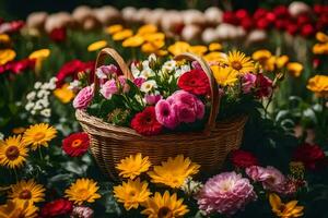 un' cestino pieno di fiori su un' erboso campo. ai-generato foto