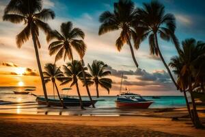 palma alberi su il spiaggia a tramonto. ai-generato foto