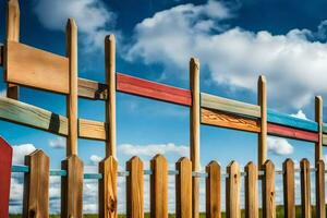 un' di legno recinto con colorato segni su esso. ai-generato foto