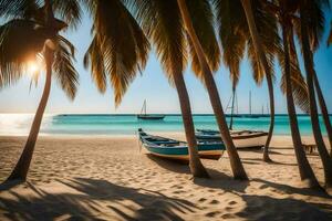 Barche su il spiaggia nel davanti di palma alberi. ai-generato foto