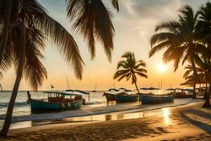 Barche su il spiaggia a tramonto. ai-generato foto