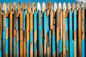 un' di legno recinto con blu e verde strisce. ai-generato foto