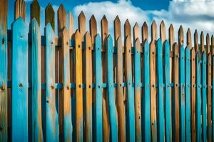 un' di legno recinto con blu dipingere su esso. ai-generato foto