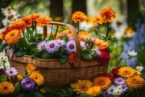 un' cestino pieno di colorato fiori nel il erba. ai-generato foto