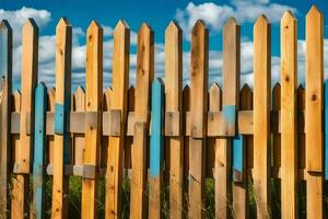 un' di legno recinto con blu e bianca dipingere. ai-generato foto