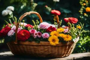 un' cestino pieno di fiori seduta su un' di legno tavolo. ai-generato foto