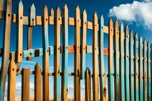 un' di legno recinto con blu cielo e nuvole nel il sfondo. ai-generato foto