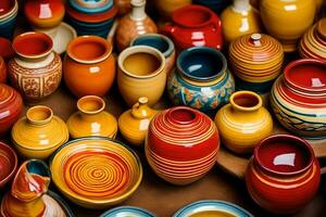 molti colorato ceramica vasi siamo visualizzato su un' tavolo. ai-generato foto