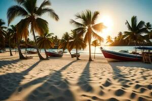 Barche su il spiaggia a tramonto. ai-generato foto