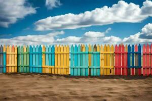 colorato di legno recinto su il spiaggia con blu cielo. ai-generato foto