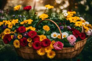 un' cestino pieno di colorato fiori su un' soleggiato giorno. ai-generato foto