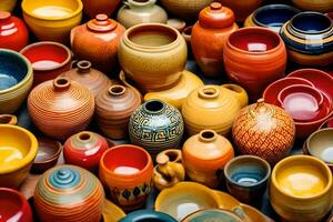 un' grande collezione di colorato ceramica vasi. ai-generato foto