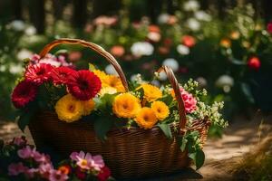 un' cestino pieno di fiori seduta su il terra. ai-generato foto