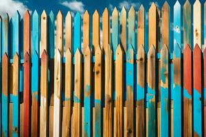 un' recinto con colorato di legno poli contro un' blu cielo. ai-generato foto