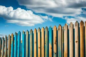 un' di legno recinto con blu e bianca nuvole nel il sfondo. ai-generato foto