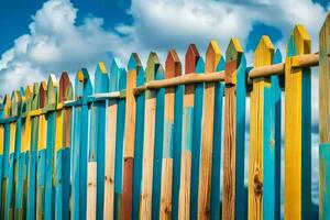 un' colorato di legno recinto con blu cielo nel il sfondo. ai-generato foto