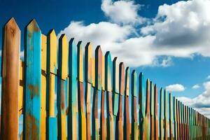 un' colorato di legno recinto con blu cielo e nuvole. ai-generato foto