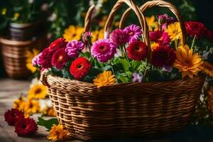 un' cestino pieno con colorato fiori su un' di legno tavolo. ai-generato foto