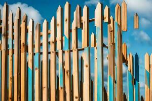 un' di legno recinto con blu cielo nel il sfondo. ai-generato foto