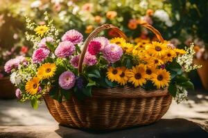 un' cestino pieno di fiori su un' di legno tavolo. ai-generato foto