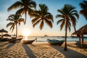 un' spiaggia con palma alberi e Barche a tramonto. ai-generato foto