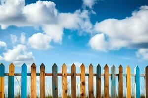 un' di legno recinto con blu cielo e nuvole nel il sfondo. ai-generato foto