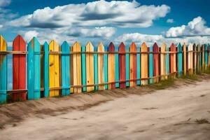 colorato di legno recinto su il spiaggia. ai-generato foto