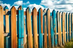 un' di legno recinto con blu e verde dipingere. ai-generato foto