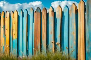 un' di legno recinto con blu, giallo e verde dipingere. ai-generato foto