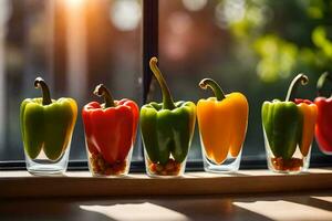 colorato peperoni nel bicchieri su un' finestra davanzale. ai-generato foto