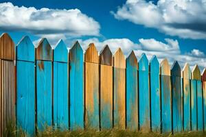 un' di legno recinto con blu e giallo dipingere. ai-generato foto