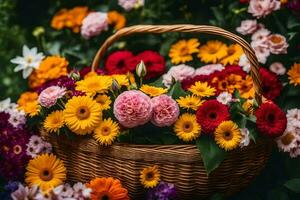 un' cestino pieno di colorato fiori su un' verde campo. ai-generato foto