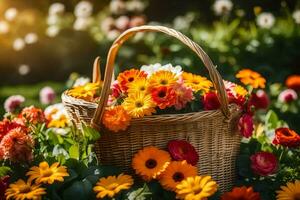 un' cestino pieno di colorato fiori su un' soleggiato giorno. ai-generato foto