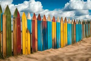 colorato di legno recinto su il spiaggia. ai-generato foto