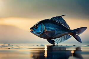 un' pesce è a piedi su il acqua a tramonto. ai-generato foto
