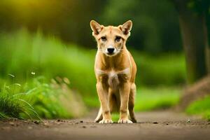 un' cane è in piedi su un' sporco strada nel il mezzo di un' campo. ai-generato foto