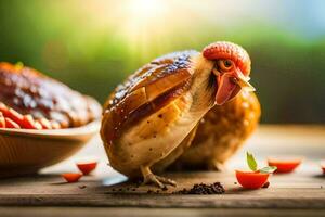 un' pollo è seduta su un' tavolo con un' piatto di cibo. ai-generato foto