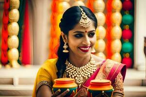 un' bellissimo indiano sposa Tenere un' pentola di cibo. ai-generato foto