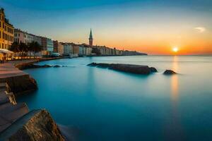 il sole imposta al di sopra di il acqua e edifici nel Croazia. ai-generato foto