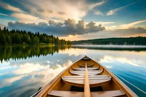 un' canoa è galleggiante su il calma acque di un' lago. ai-generato foto