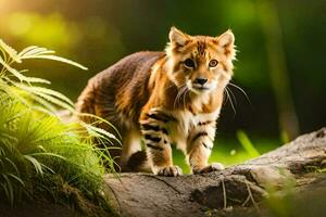 un' piccolo tigre in piedi su un' roccia nel il boschi. ai-generato foto