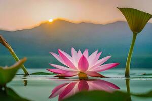 rosa loto fiore nel il acqua con montagne nel il sfondo. ai-generato foto