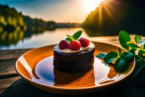 un' dolce su un' piatto con lamponi e un' lago nel il sfondo. ai-generato foto