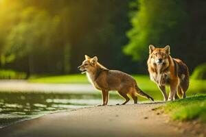 Due cani in piedi su il lato di un' fiume. ai-generato foto