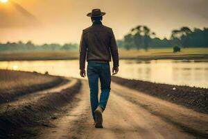 un' uomo a piedi giù un' sporco strada a tramonto. ai-generato foto