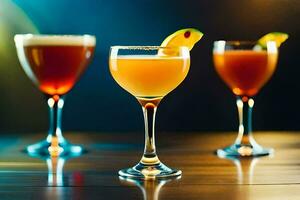 tre diverso tipi di alcolizzato bevande su un' tavolo. ai-generato foto