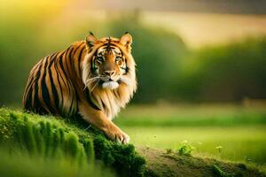 un' tigre seduta su il erba nel il selvaggio. ai-generato foto
