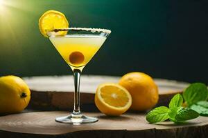 un' cocktail con Limone e menta su un' di legno tavolo. ai-generato foto